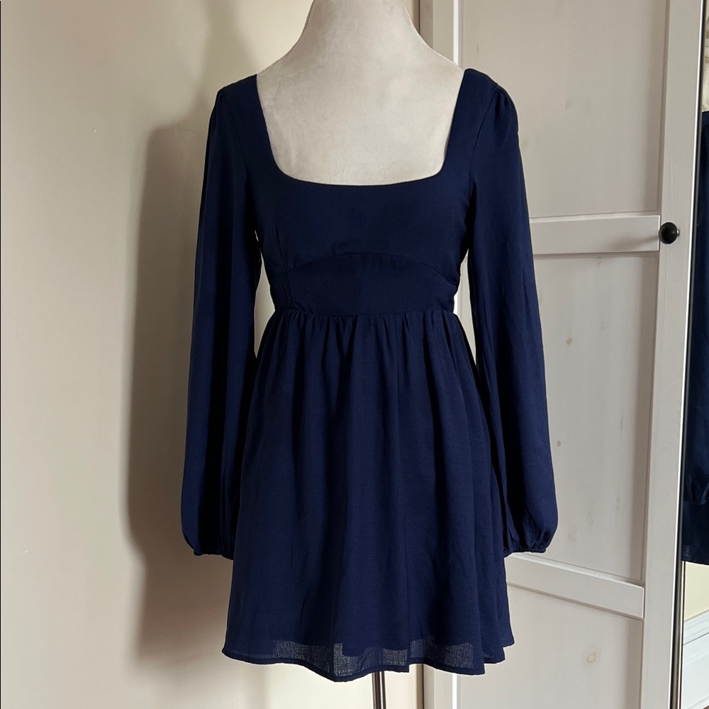 Altar'd State Navy Square Neck Mini Dress Long Balloon Sleeve NWOT Small